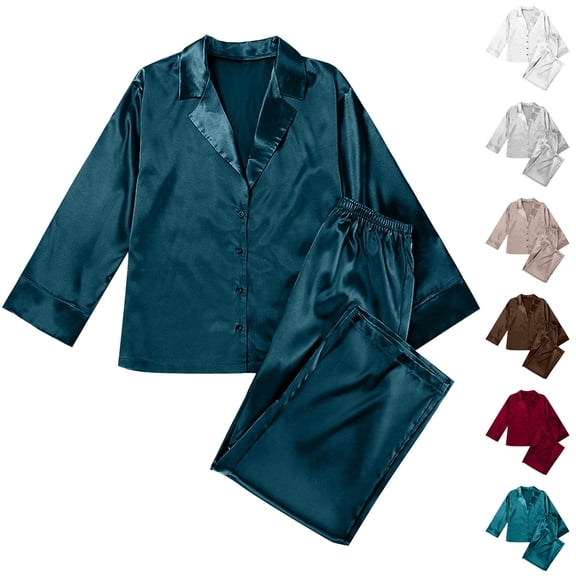 Ashirexll Womens Winter Sets, Fuzzy Pajamas for Women, Home Casual Blouse and Trousers Imitation Silk Shirt Thin Pants Two Piece Pajama Set