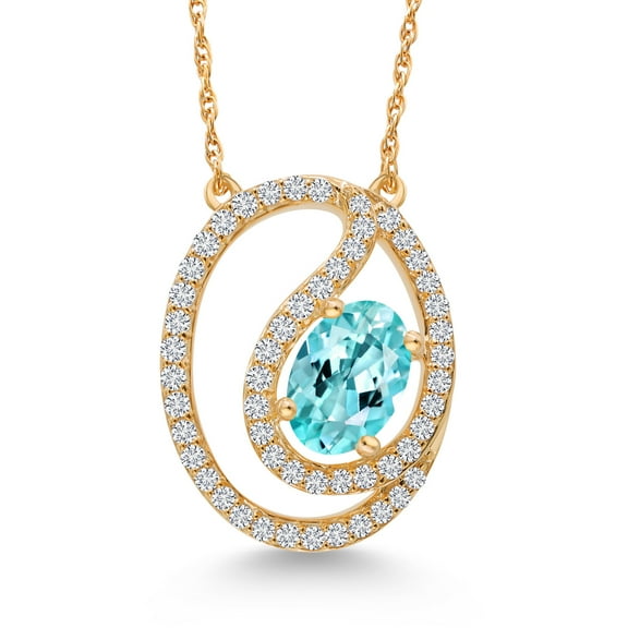 Gem Stone King 10K Yellow Gold Blue Apatite and White Lab Grown Diamond Pendant Necklace for Women (0.74 Cttw, Gemstone, Oval 6X4MM, with 18 inch Chain)