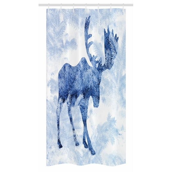 Moose Stall Shower Curtain, Blue Pattern Pine Needles Spruce Tree with Antlers Deer Family Snow Winter Horns, Fabric Bathroom Set with Hooks, 36W X 72L Inches Long, Blue White, by Ambesonne