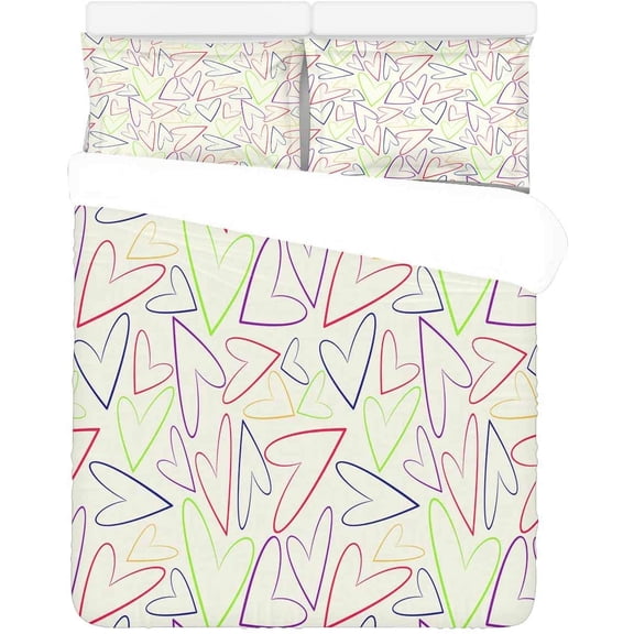 FMSHPON 3 Piece Bedding Set Colorful Hearts Twin Size Duvet Cover with 2 Pillowcase for Home Bedding Room Decoration