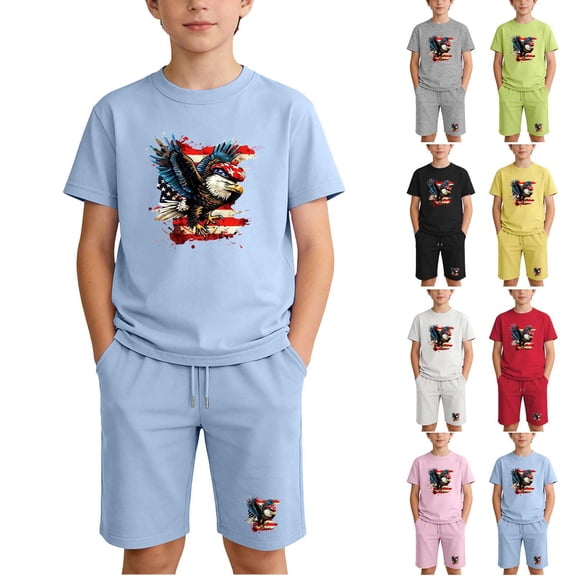 CHUMUD Boys 4th of July Shorts Sets 2 Piece Eagle Soaring Graphic T-Shirt & Pull on Elastic Shorts Red White Blue Tees Stars Stripes Shirts Kids American Flag Clothes Size 4-13