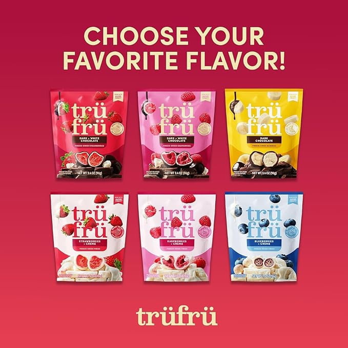 Tru Fru Freeze-Dried Chocolate Covered Fruit Variety Pack, Strawberries, Raspberries, Bananas, Strawberries & Crème, Raspberries & Crème, Blueberries & Crème, 3.4 oz Bags  6 count
