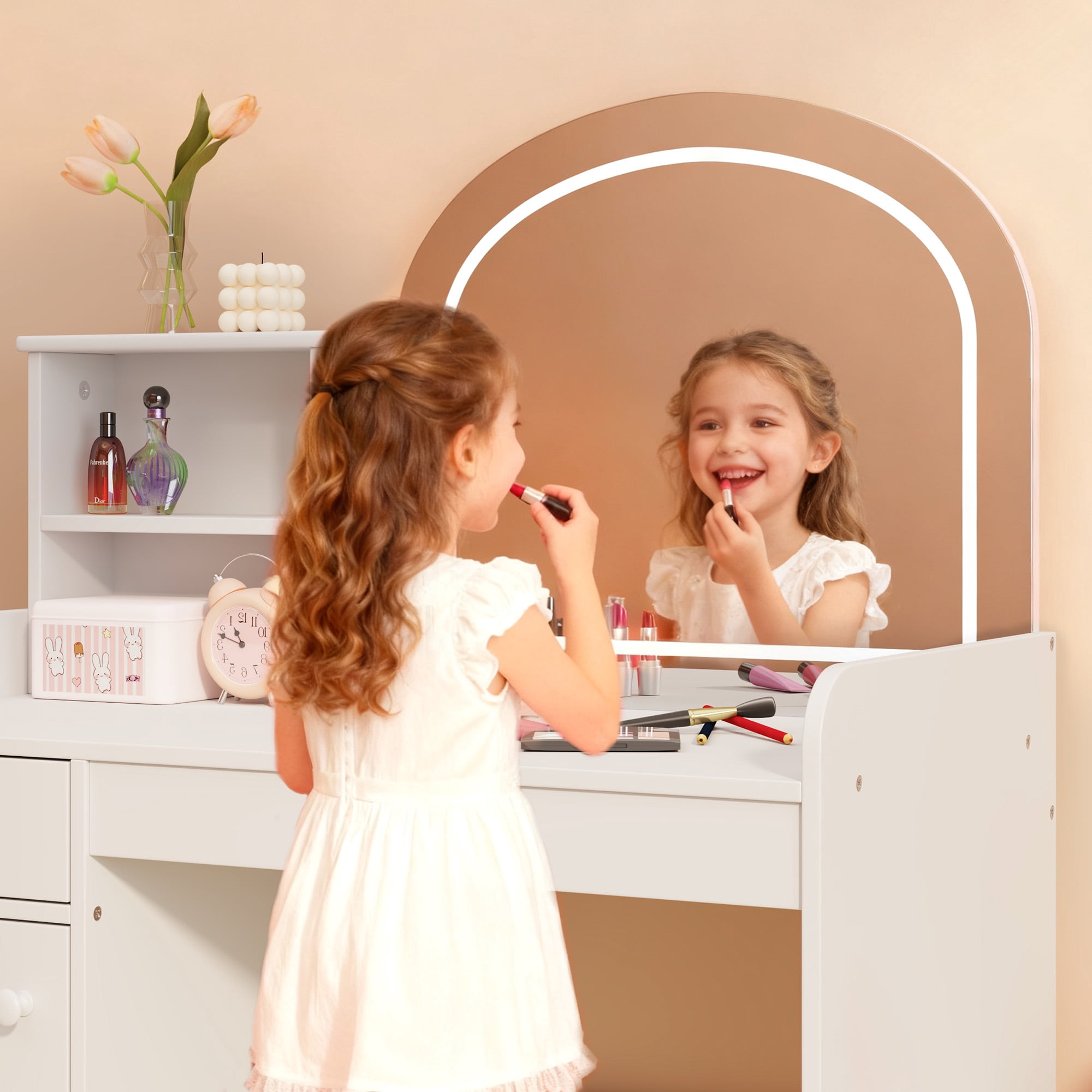 Lofka White Princess Kids Vanity Set with LED Lights & Stool | Makeup Dressing Table with Shatterproof Mirror, Storage Shelves & Cabinet | ASTM/CPSIA Safe for Girls 3+