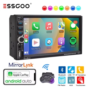 ESSGOO 7" Double Din Car Stereo, Wireless Apple CarPlay & Android Auto, Touchscreen, FM Radio, Reverse Cam, Steering Control