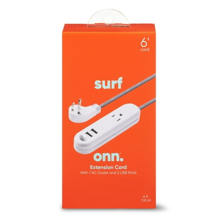 onn. Extension Cord Surge Protector with 1 AC Outlet and 2 USB Ports, 6ft Power Cord -white