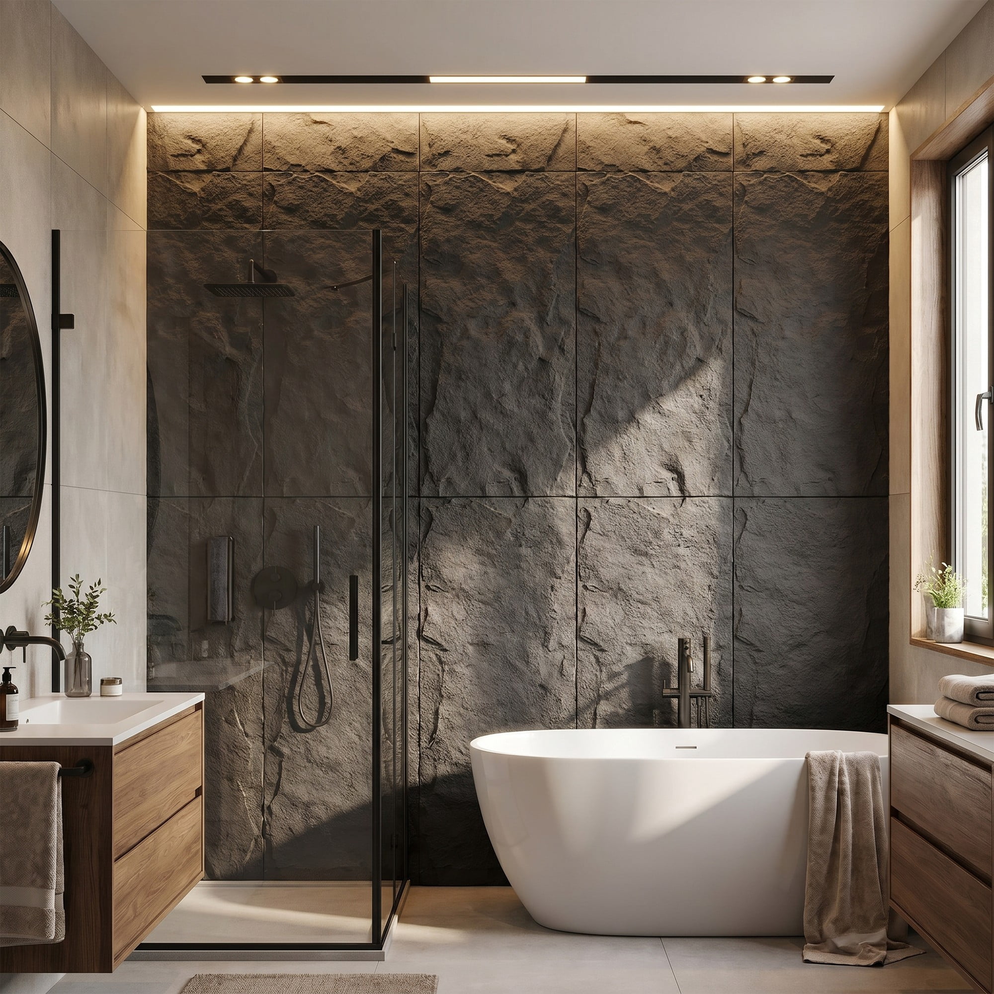 Mirrasia 4PCS 48"x 24" 3D Wall Decor Wall Panels Faux Stone Siding, Carbon Black
