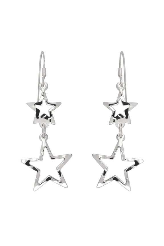Fun and Trendy Pair Linked Stars Textured Finish Sterling Silver Dangle Earrings