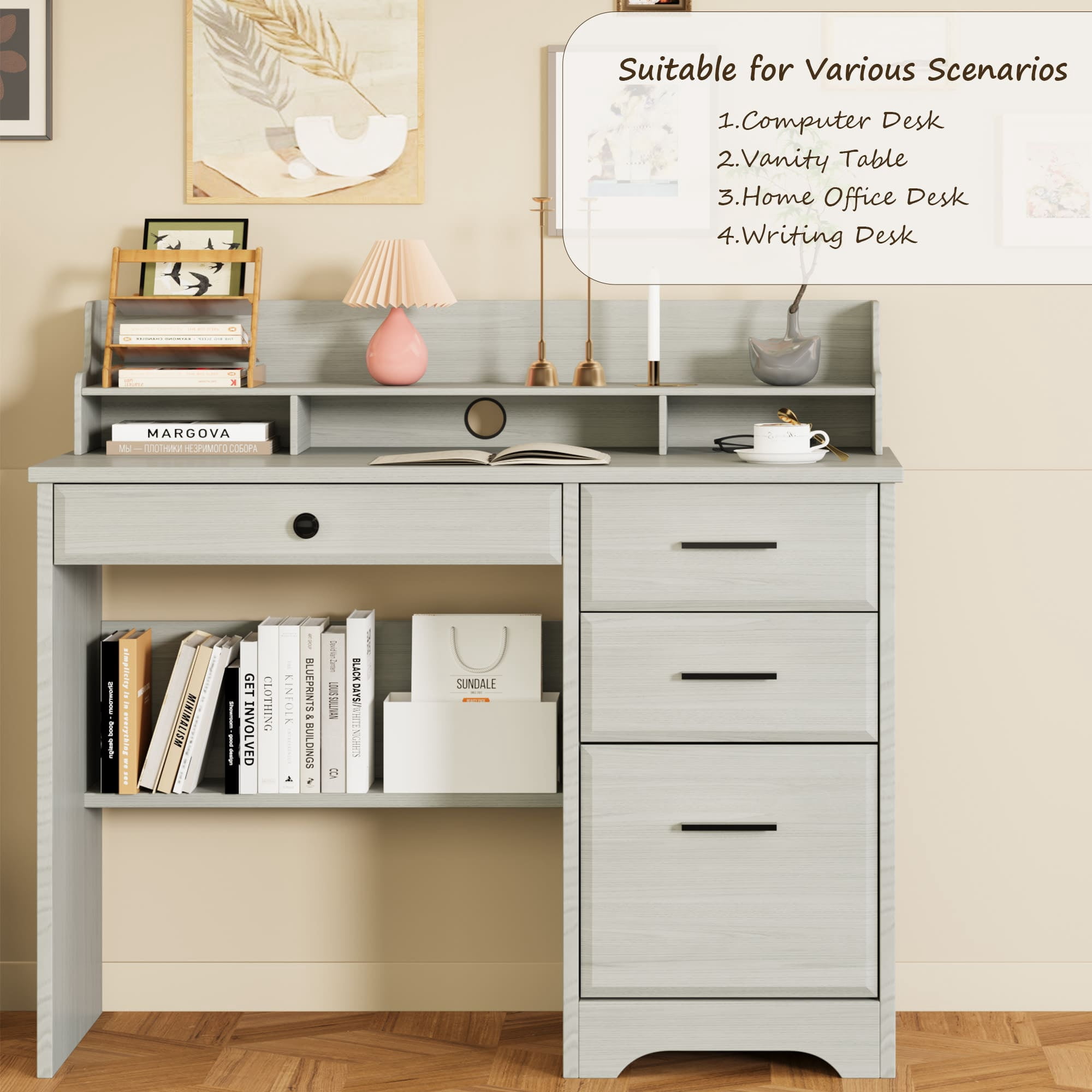 4 EVER WINNER Small Wood Desk with Drawers, File Cabinet & Monitor Stand, Home Office Computer Writing Desk for Bedroom, Off White