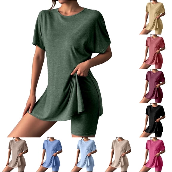 Tanghaowl Short Sets for Women, Women Casual Solid Round Neck Short Sleeve Summer High Slit Top Shirt Shorts Set Women's Shorts Suit 2 Piece Matching Set Green XL