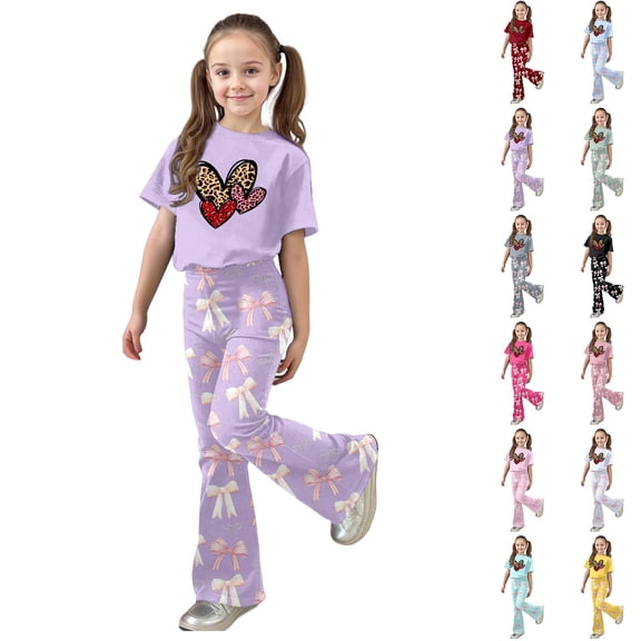 Gaexia Girls Tshirts and Pants Set,Valentine's Day Girls Outfit Cute Bow Heart Print Short Sleeve Top With Flare Leg Pants Toddler Two Piece Matching Fashion Clothes,8-9 Years
