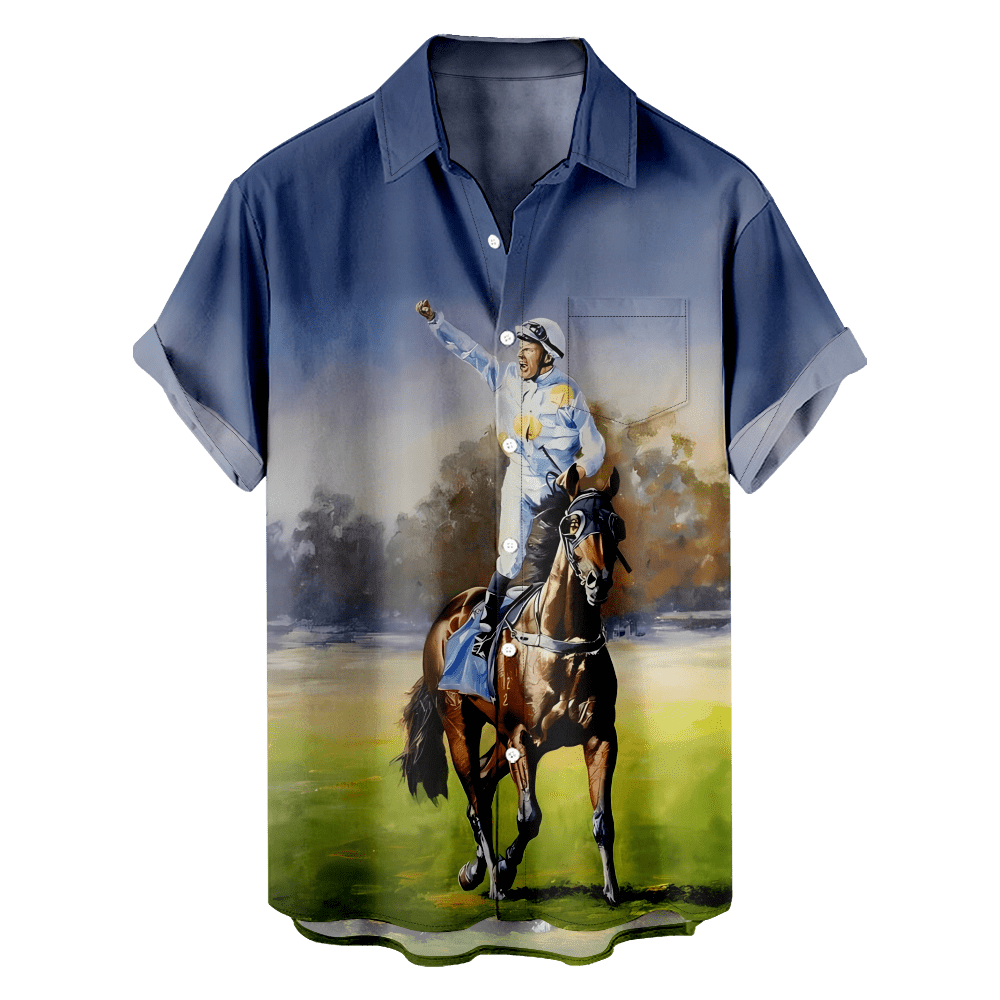 MLFU Love Horse Racing Mens Casual Short Sleeve Button Up Hawaiian ...