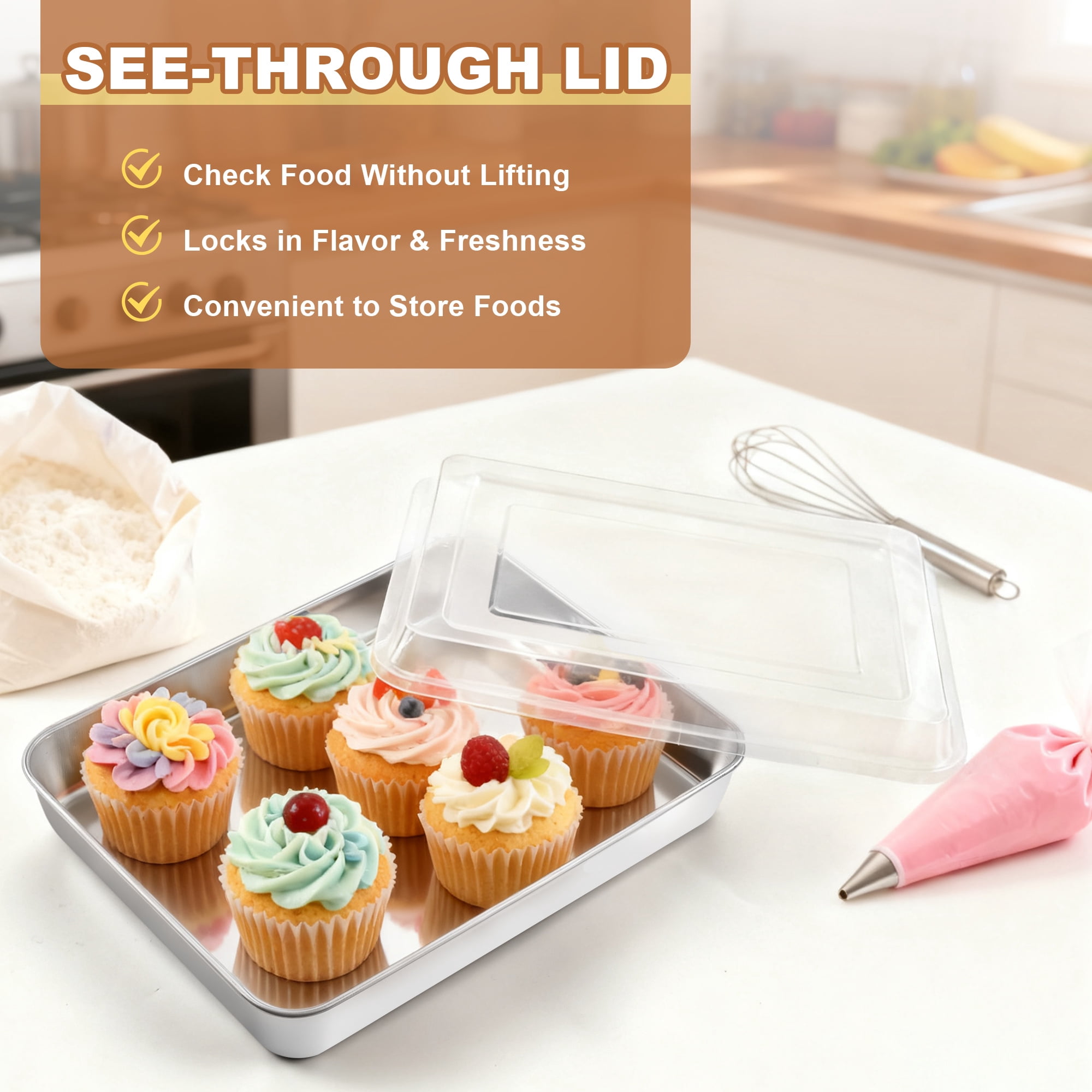 Vesteel Stainless Steel Baking Pan with Lid, 12.5/10.5/9.4 inch Rectangle Sheet Cake Pans with Covers Bakeware Set for Cakes Brownies Casseroles, Non-toxic & Dishwasher Safe