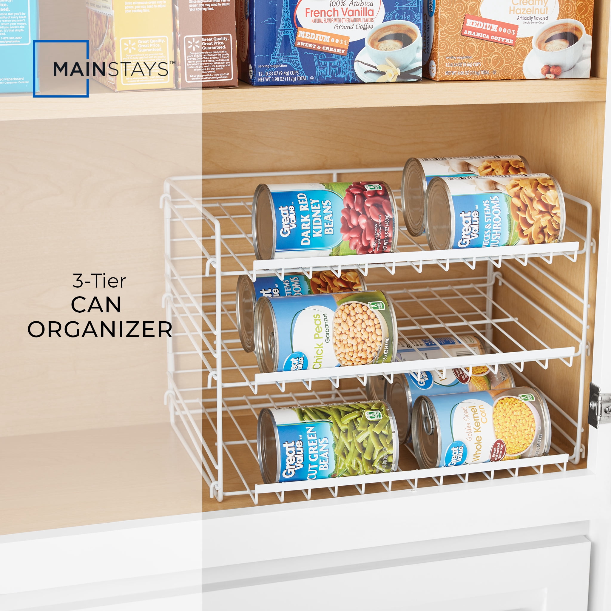 Mainstays 3-Tier Can Organizer Dispenser Rack, Steel, White