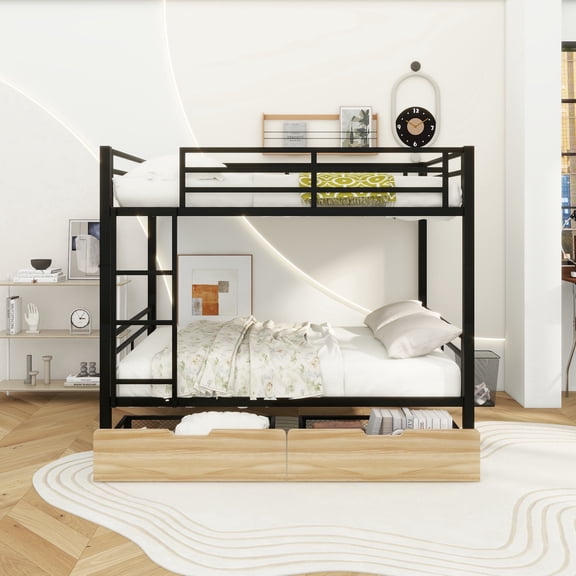 Metal Full Size Convertible Bunk Bed with 2 Drawers, Black