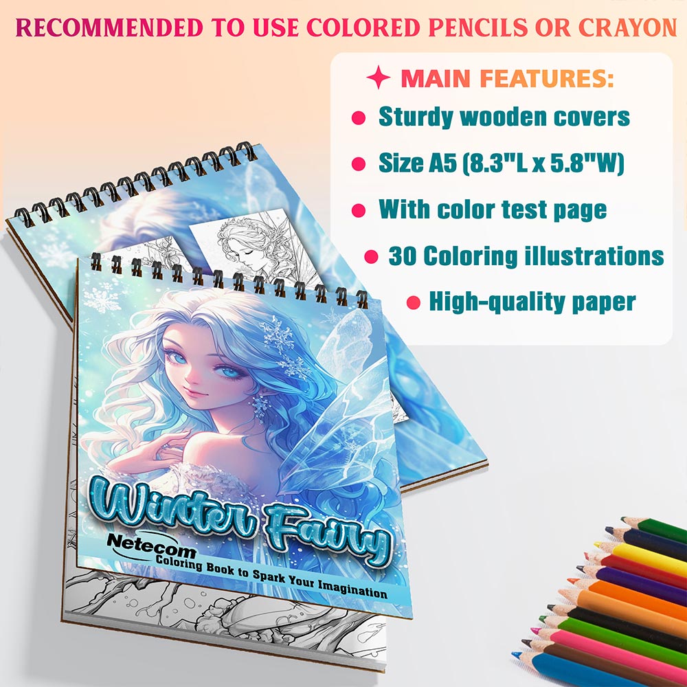 Netecom Winter Fairy Coloring Book for Adults, A5 Wooden Cover, 30 Stunning Portraits Coloring Pages of Beautiful Winter Fairies for Stress Relief and Relaxation, Spiral Bound Edition