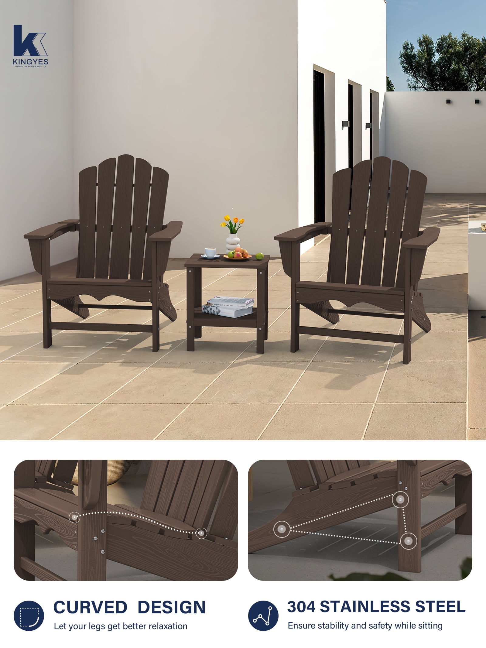 KINGYES HDPE Adirondack Chair Set of 4, All-Weather Outdoor Fire Pit Chairs for Patio Deck Lawn, Brown