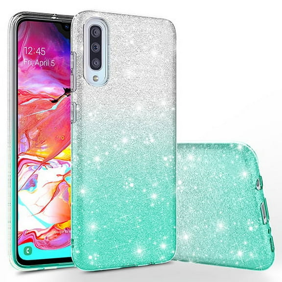 Samsung Galaxy A70 Case, KAESAR Cute Fashinon Slim Luxury Shinning Sparkle Bling Glitter Protective Cover for Samsung Galaxy A70 (Silver / Teal)