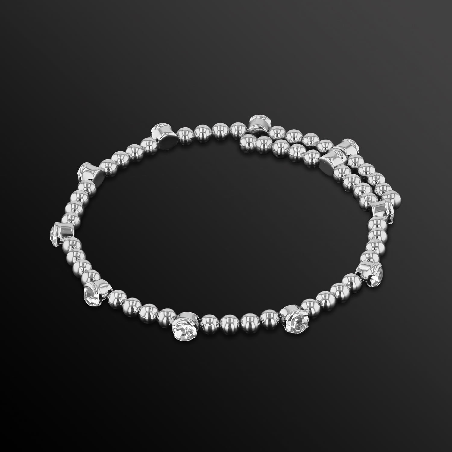X & O Adult Female Women's Silver Plated Wire Bangle Bracelet with Polished Round Beads and White Crystals