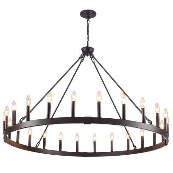 48" 24-Light Farmhouse Wagon Wheel Chandelier, Matte Black Finish, for High Ceilings, Dining Room and Foyer