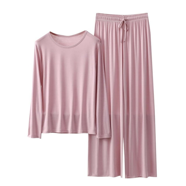 yoeyez Ensembles de Détente pour Femmes Pyjamas en Modal à Manches Longues 2 Pcs Hauts à Col Ras du Cou à Enfiler et Pantalons à Jambes Larges Ensembles de Détente Pjs Rose,m