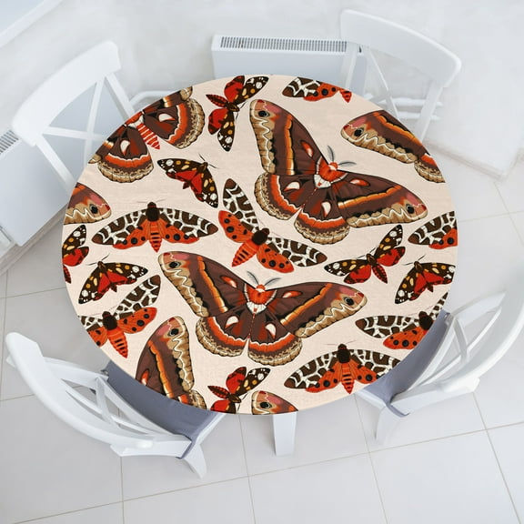 Ambesonne Moth Boho Fitted Round Tablecloth, Wings Colorful Ornament, 36"- 40" Diameter, Vermilion Dark Taupe