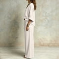 thumbnail image 4 of LEKWK Vacation Outfits for Women Elegant V Neck Long Sleeve Oversized Top and Wide Leg Pants Linen Matching Set Casual Travel Beach Loungewear, 4 of 6