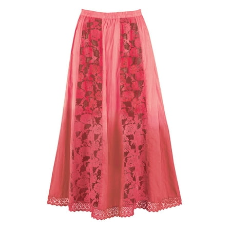 Cachet Lace Skirt Women's Ombre Skirt with Lace Panels and Crochet Hemline with Comfortable Elastic Waistband, Medium, Coral ()