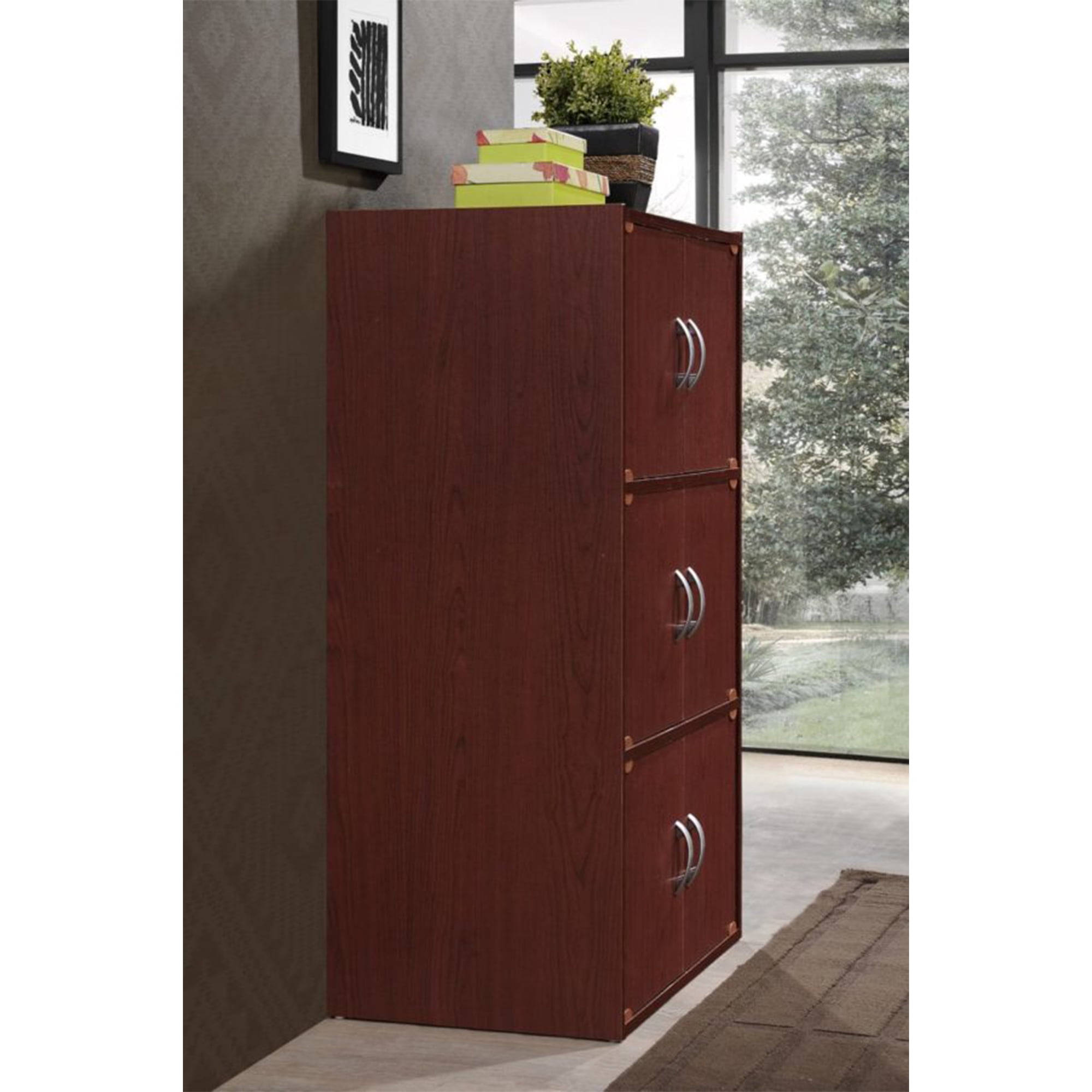 Hodedah 3 Shelf 6 Door Multi-Purpose Wooden Bookcase in Mahogany Finish