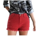 thumbnail image 2 of JINMGG Shorts for Women Clearance $5 Women's Stretchy Denim High-Waist Shorts Frayed Ripped Shorts with Pockets Pants Red M, 2 of 7