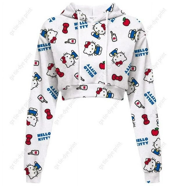 Hello Kitty Chandail en Molleton Court à Manches Longues pour Femmes, Motif, Chandail Noir, Chandail à Capuchon de Mode pour Femmes