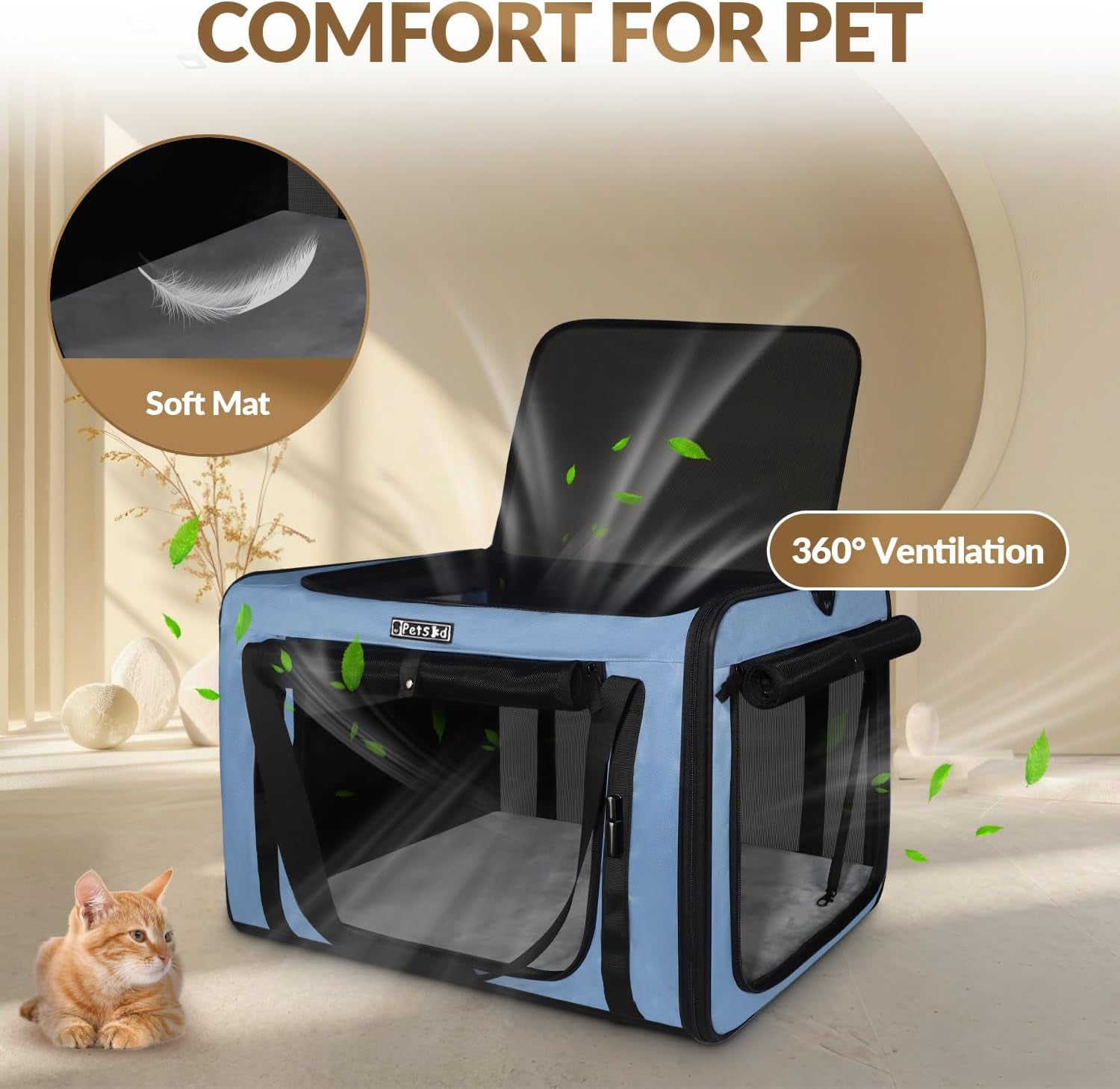 Large   with Litter Box for Car Travel, Soft Sided  for Cats  to 55lbs, Collapsible Dog Crate with  Belt Buckles and Locking Zippers (Blue)