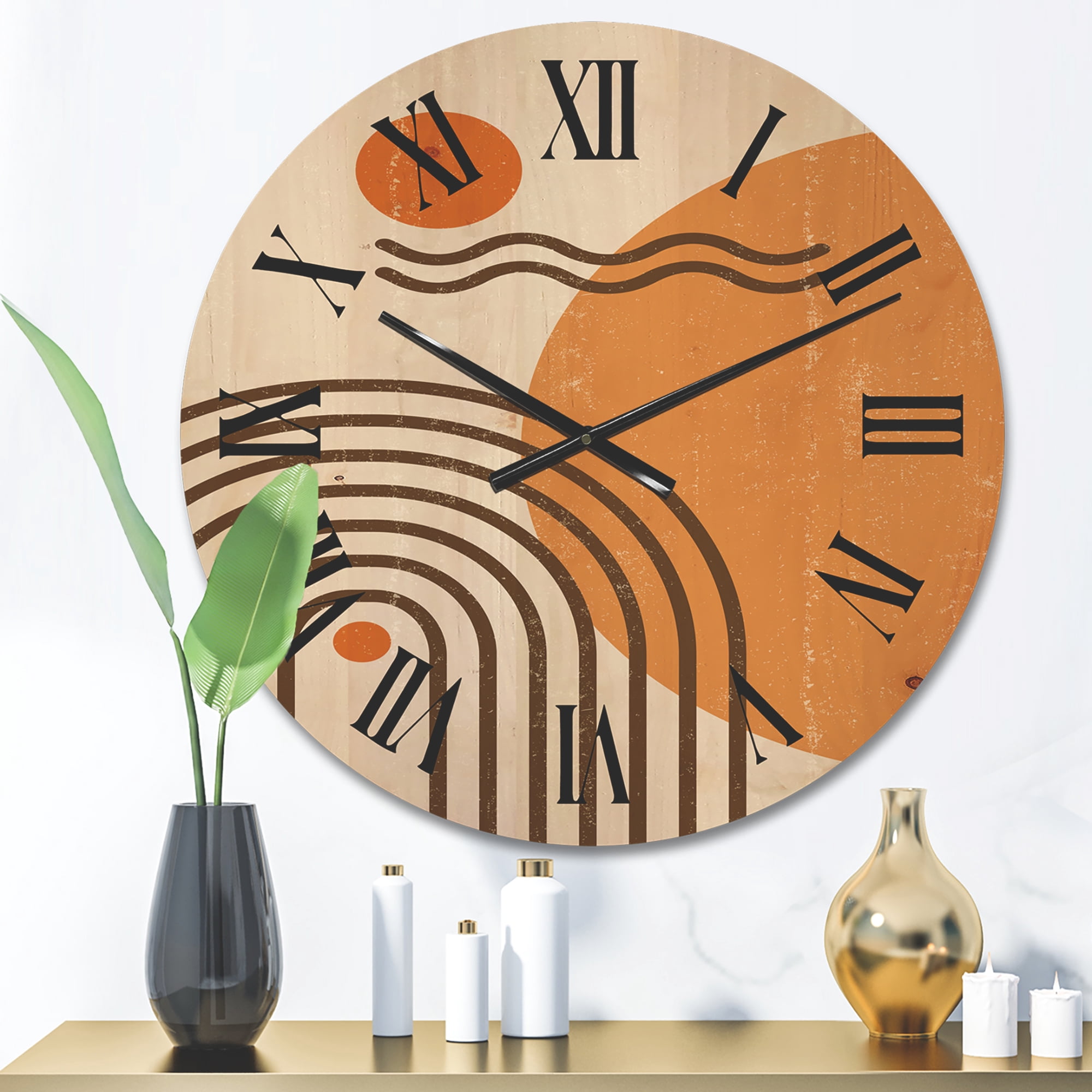 Designart 'Abstract Rainbow Moon and Sun In Earth Tones II' Modern Wood Wall Clock
