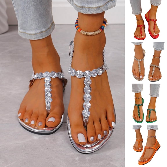 Kojanyu Women's Rhinestone T-Strap Flat Sandals Crystal Embellished Open Toe Summer Dressy Beach Wedding Shoes Comfortable PU Slip On Thong Sandals