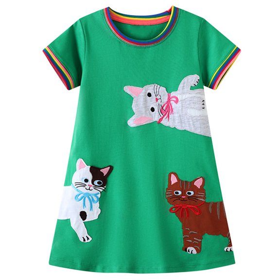 ENFLASH Girls Summer Dresses Cotton Short Sleeve Playwear Basic Tunic Dresses A-Line Casual Kitten Dress for Toddler