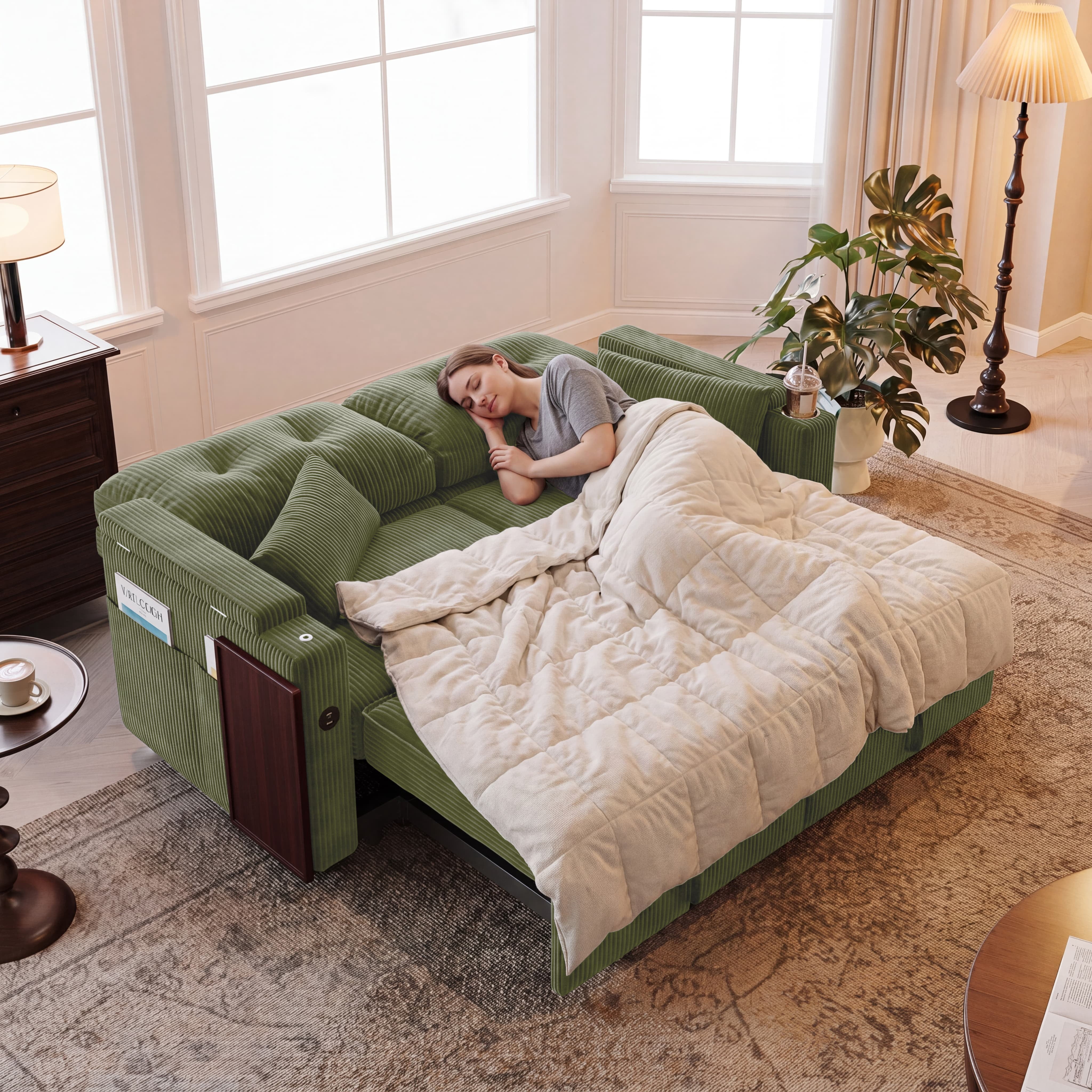 Aukfa 73" 3-in-1 Convertible Sleeper Sofa Bed, Corduroy Pull-Out Couch with 360° Swivel Side Table, USB Ports & Storage Armrests, Oversized Queen, Green