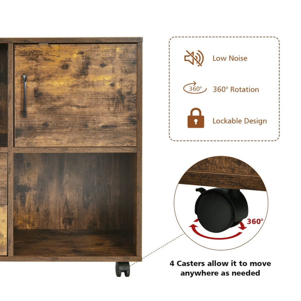 Demi Bonn Mobile File Cabinet with Lateral Printer Stand and Storage Shelves, Wood Filing Cabinet for Home Office, Brown