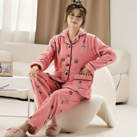 

PIKADINGNIS Women Warm Thick Button Pyjamas Coral Fleece 6XL Long Sleeve Casual Home Wear Autumn Winter Pajama Sets Flannel Sleepwear Set