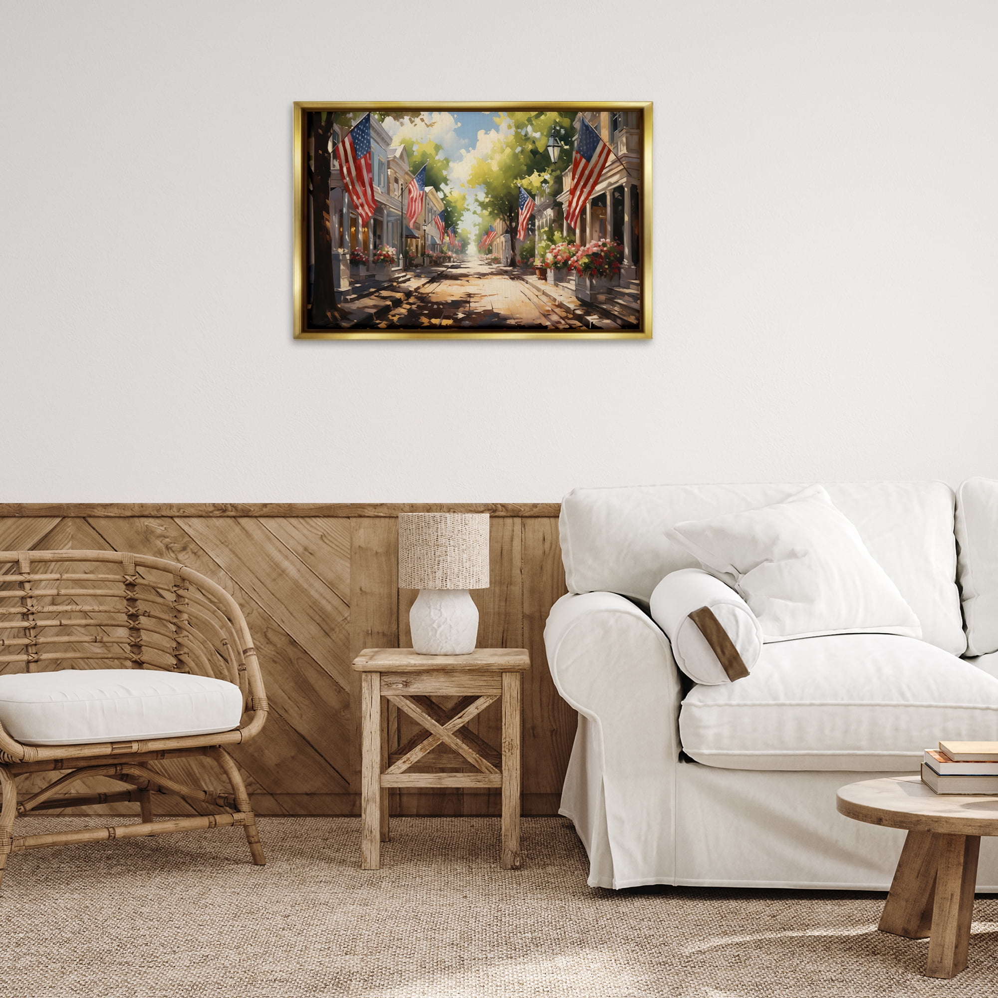 Stupell Industries American Flag Lined Street Scenic & Cityscapes Painting Gold Floater Framed Canvas Art Print Wall Art, 31 x 21