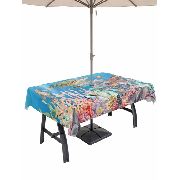Outdoor Tablecloth with Umbrella Hole for Patio/Picnic/Party, Blue Turtle Coastal Waterproof Table Cloth Rectangle Table Cover Washable, Nautical Summer Beach Coral Octopus Jellyfish (52"x 70")