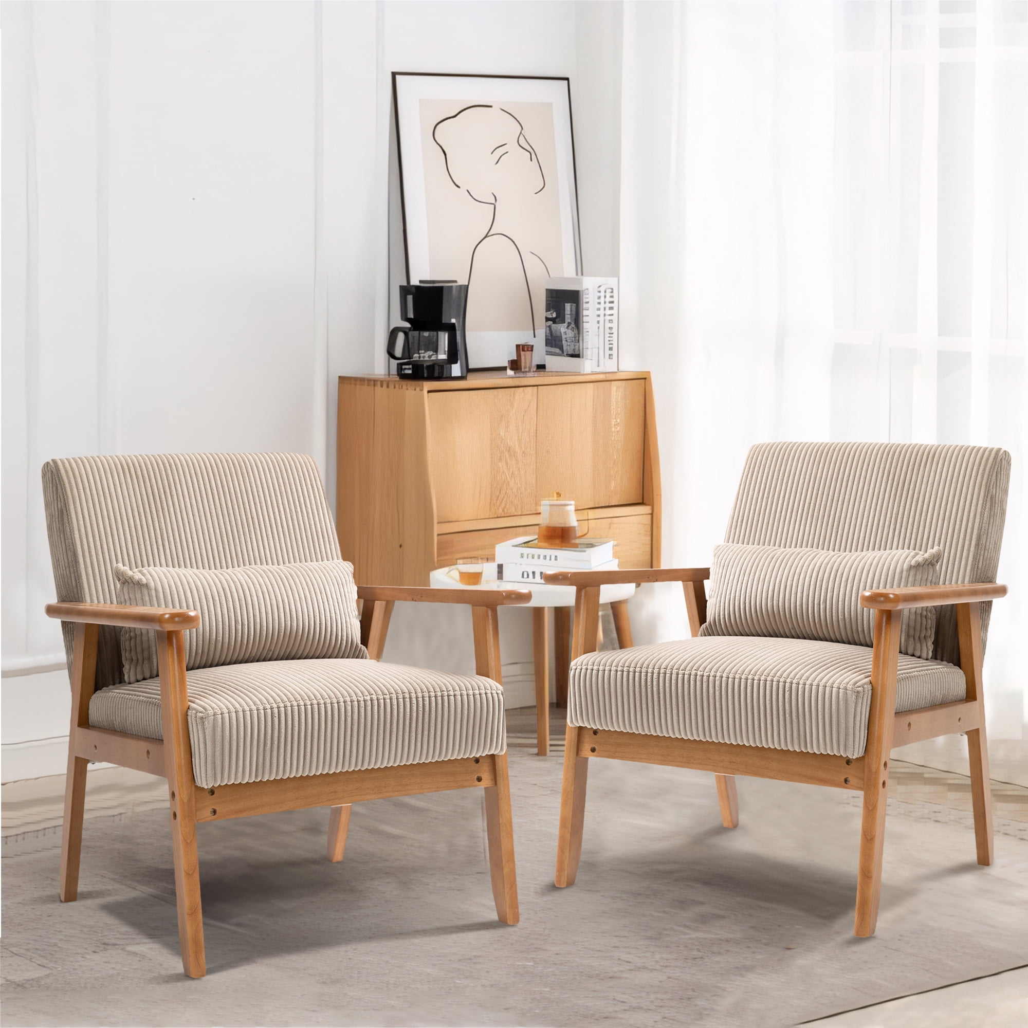 Miniyam Set of 2 Corduroy Mid-Century Modern Accent Chair,Leisure Chair with Solid Wood Armrest and Feet,Living Room Reading Chair,Camel