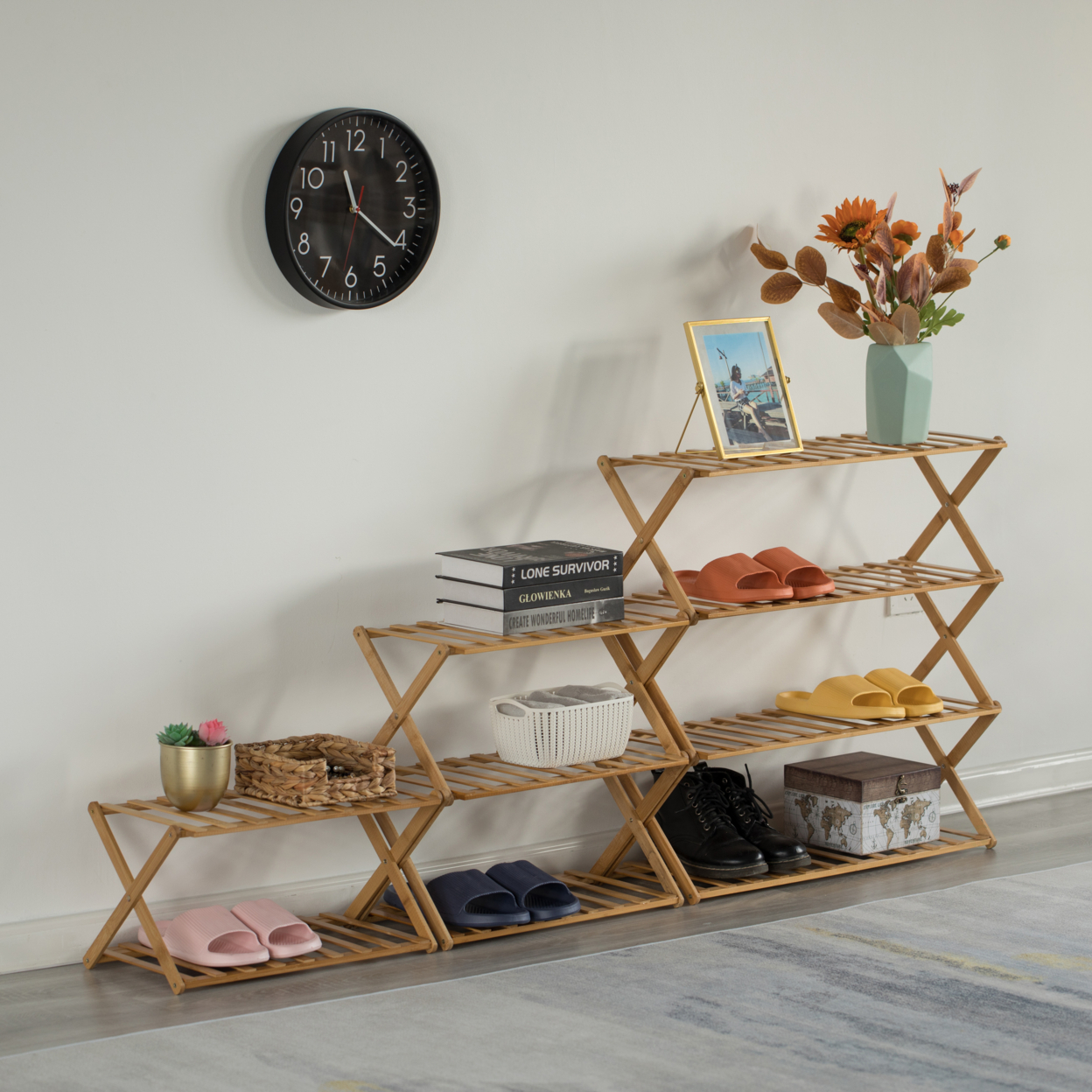 Basicwise Foldable Bamboo Shoe Rack and Storage Shelf Multi-Purpose Wooden Organizer for Entryway Closet or Living Room Space-Saving Stand for Shoes Slippers Plants Towels and Home Décor, 4-Tier