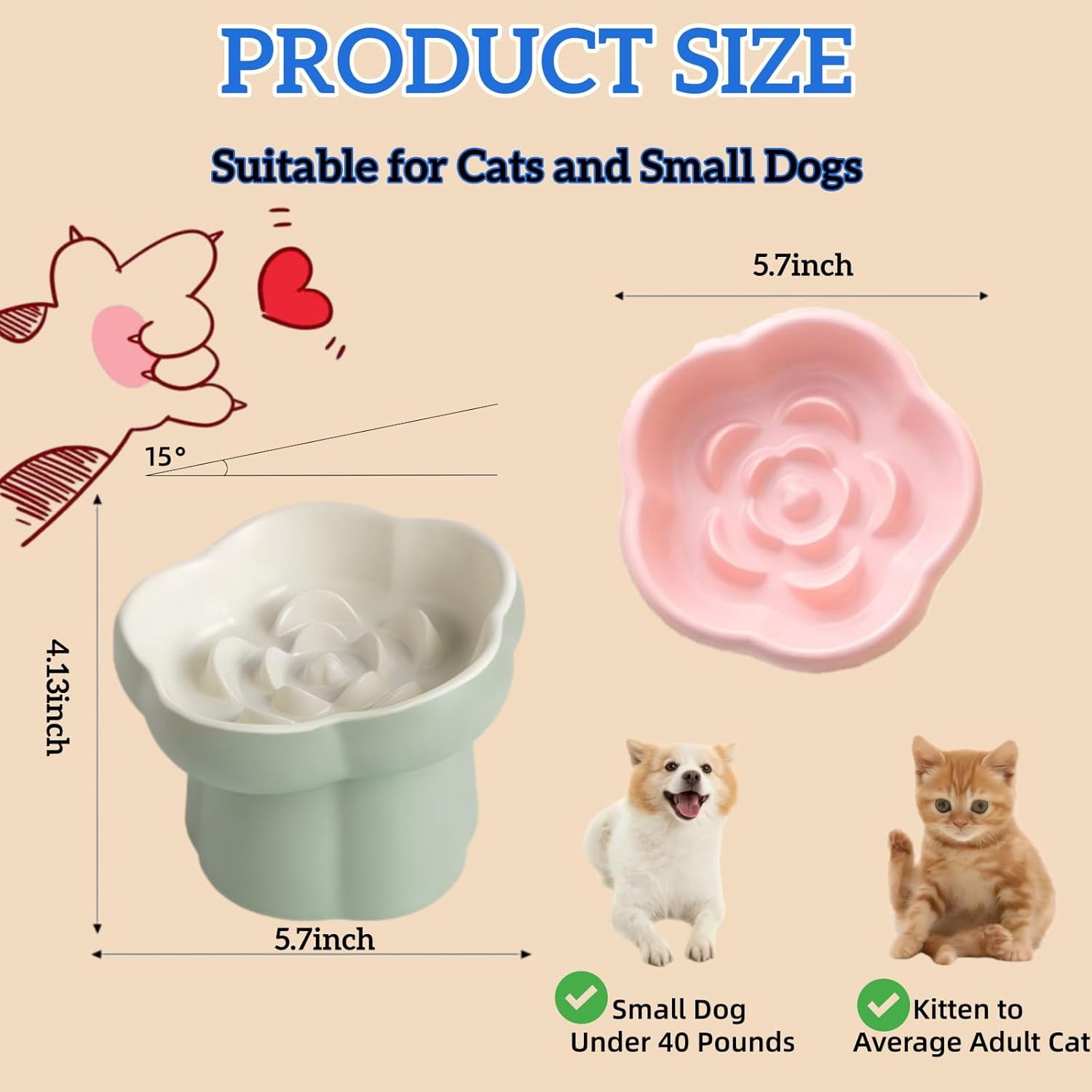 Ceramic Elevated Slow Feeder Cat Bowl,Anti Vomit Design for Whisker Fatigue Relief,Elevated Slow Feeder Bowls for Indoor Cats&Small Breeds,Perfect for Wet Food&Small Dogs