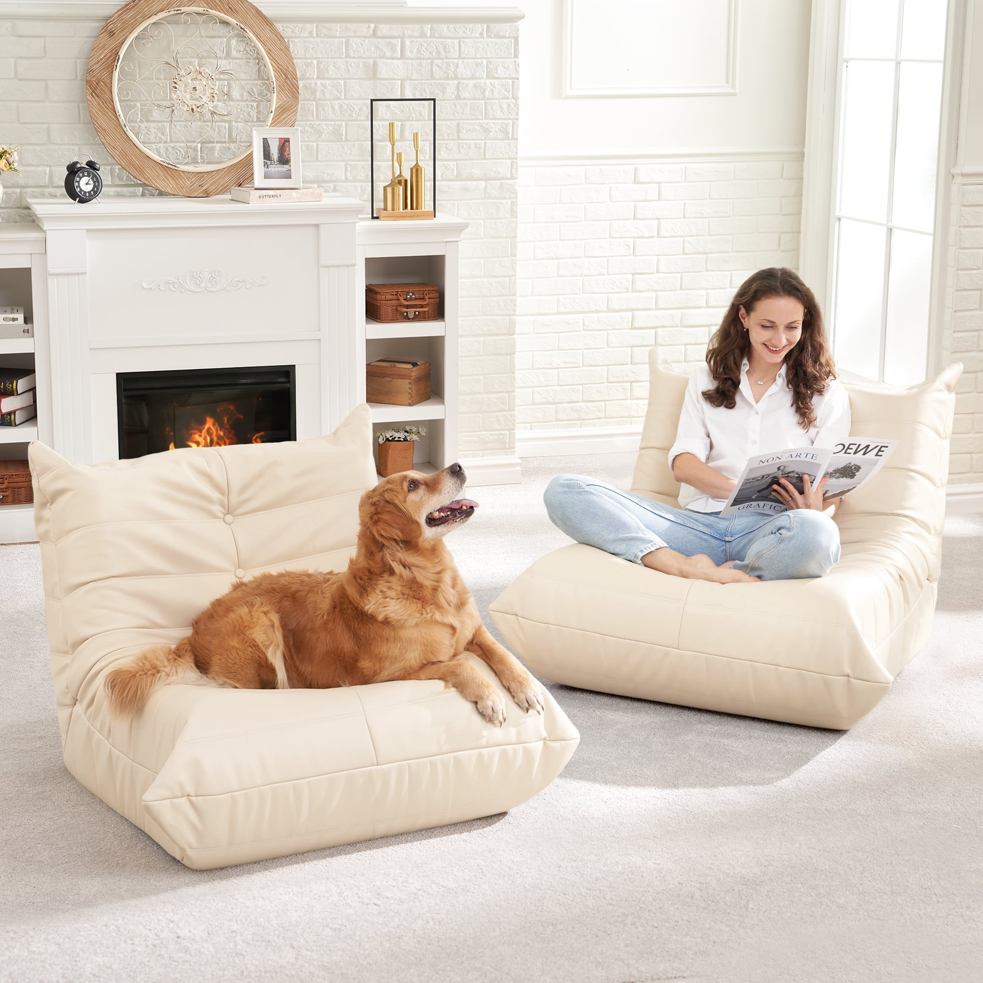 Hobestluk Giant Bean Bag Sofa Memory Foam Beanbag Chairs for Adults, Bean Bag Couches Faux Leather for Living Room Bedroom Dorm Office (Beige)