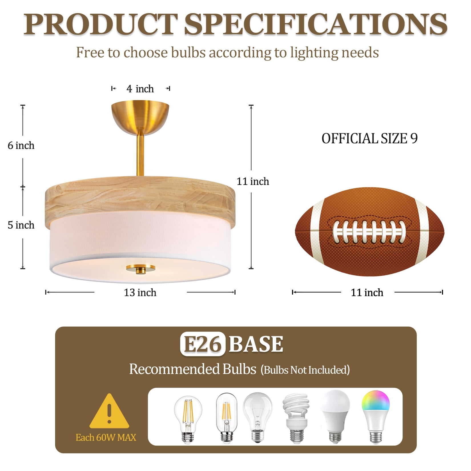 BESTOMINE Semi Flush Mount Ceiling Light Fixture,13 Inch Gold Light Fixtures Ceiling Mount, Natural Wood Frame with White Fabric Shade, Modern Flush Mount Light Fixture for Bedroom, Hallway