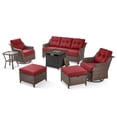 thumbnail image 2 of PARKWELL 7 Pieces Outdoor Patio Furniture Set with Fire Pit Table,Luxury 6" Thick Conversation Set with Swivel Glider Chairs,All-Weather Seating Furniture Set for Backyard Deck, Brown/Red, 2 of 16