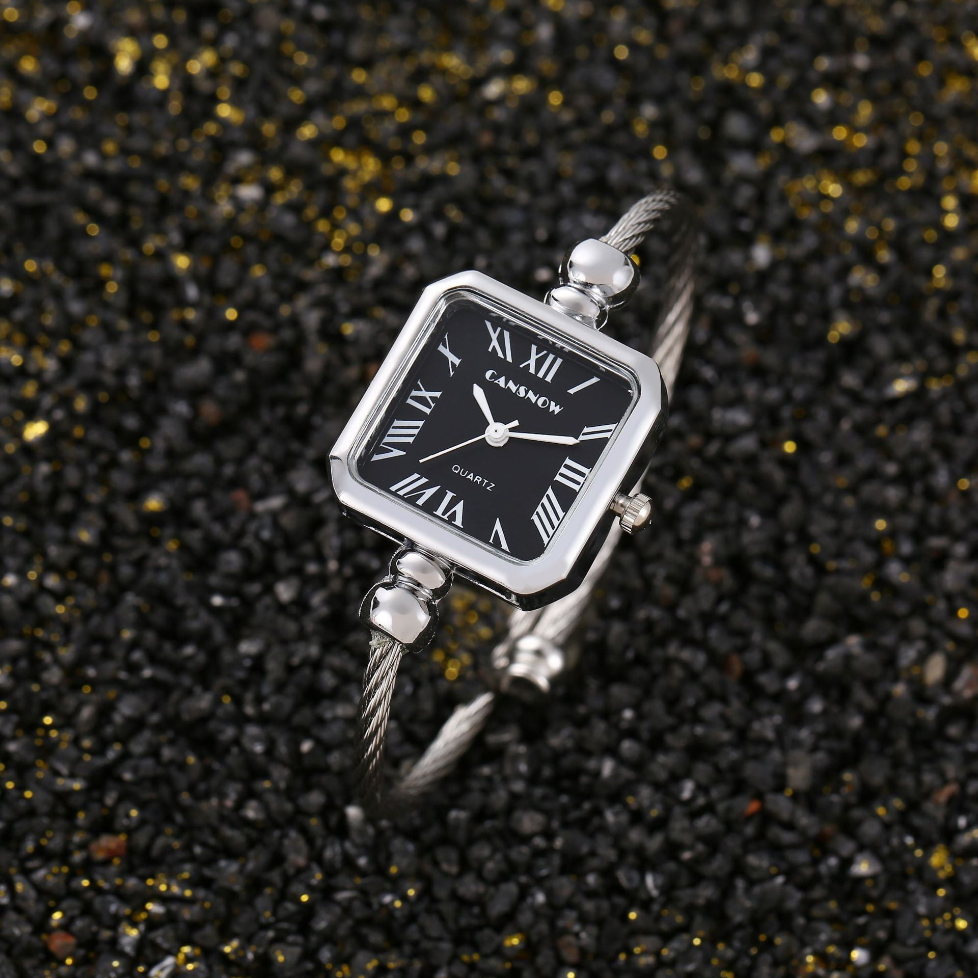Elegant Square Bangle Watch for Women – Silver Cable Band with Black Roman Dial – Fashion Quartz Bracelet Timepiece