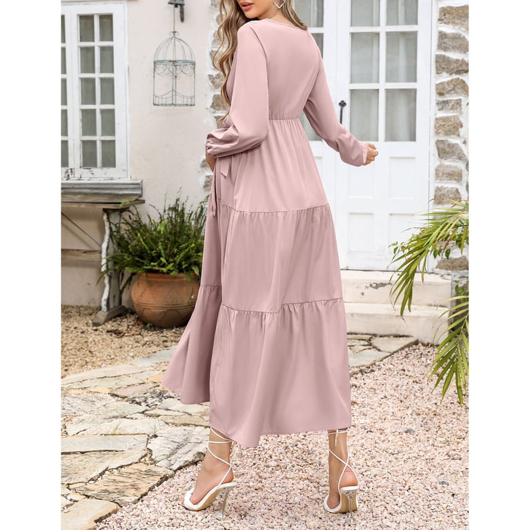 white christmas dresses Blue Chiffon Long Sleeve Pleated Plus Maxi Dress main image 1