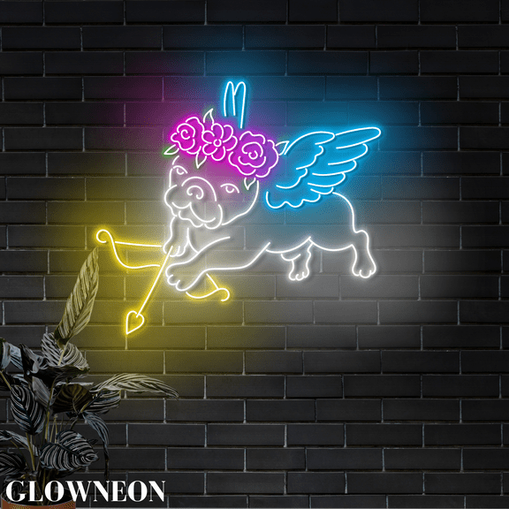 Glowneon French Bulldog Cupid Neon Led Light, Valentine Wedding Decor