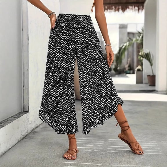 Karymi Summer Outfits Boho Polka Dot Print High Waist Wide Leg Pants, Smocked Elastic Waist Flowy Cropped Culottes with Ruffle Hem, Vacation Palazzo Trousers Womens Shorts