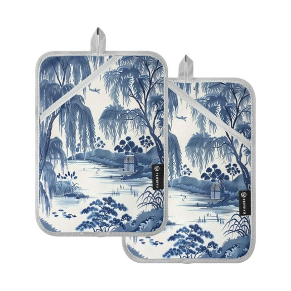 Two Pieces Of Square Heat Insulation Pad Oven Mitts 7x9.8 Inch Oven Microwave Kitchen Cooking Baking Blue Willow